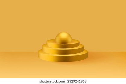 Empty 3d round golden podium.Light yellow minimal wall scene.Abstract geometric platforms.