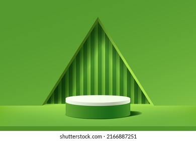 Empty 3d round podium with green abstract geometric shape and triangular hole wall background for display product, Christmas Day banner, Vector illustration