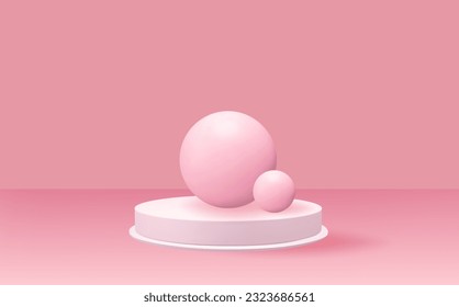 Leeres 3D-rundes Podium mit Kugeln.Hellrosa minimale Wandszene.Abstrakte geometrische Plattformen.

