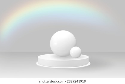 Podos y bolas tridimensionales vacíos. Escena de pared mínima blanca con superposición de prisma. Resúmenes de plataformas geométricas.