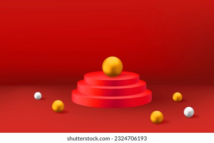 Empty 3d round red podium and golden balls.Abstract realistic 3D cylinder pedestal in the scarlet room.