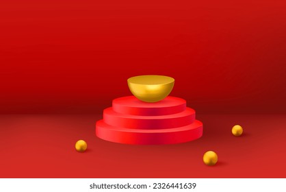 Podio rojo redondeado 3d vacío y bolas doradas.Resumen del pedestal de cilindros 3D realista en el cuarto escarlata.