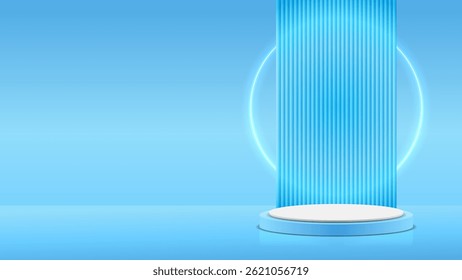 Um modelo 3D vazio com um pódio e um círculo brilhante em cores azuis Montagem de vetor.