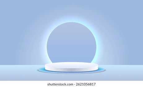 An empty 3D template with a podium and a glowing neon circle behind it.