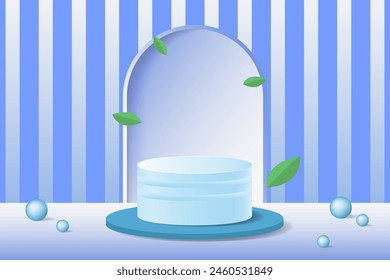 empty 3d white and blue color cylinder pedestal podium with leaf decoration for  beauty skincare product mockup display vector illustration.