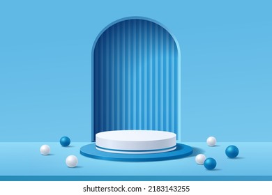 Empty 3d white and blue round podium with abstract geometric shape arch style background for display product, Vector illustration