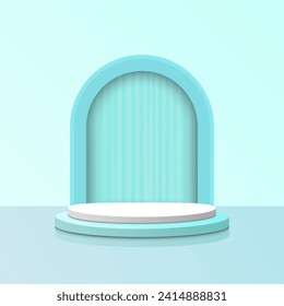 Podio redondeado blanco y azul vacío con fondo de estilo de arco de forma geométrica abstracta para el producto de visualización. Presentación de productos cosméticos. Ilustración del vector EPS 10.