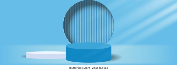 Podio redondo blanco y azul 3D vacío con fondo de estilo de arco de forma geométrica abstracta. eps10 Sitio web