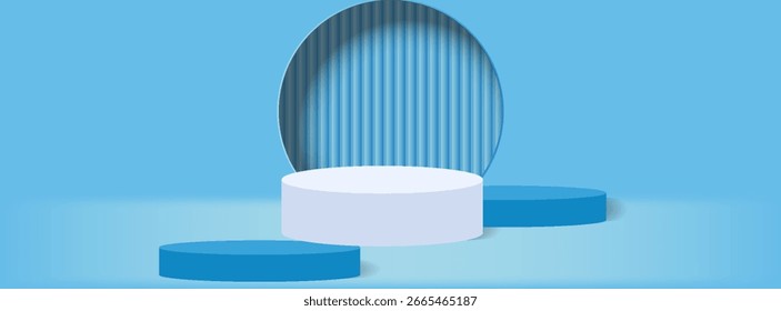 Pódio redondo branco e azul vazio 3d com plano de fundo de estilo de arco de forma geométrica abstrata 