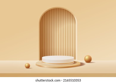 Empty 3d white and gold round podium with abstract geometric shape arch style background for display product, Vector illustration