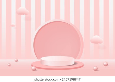 empty 3d white and pink color cylinder pedestal podium beauty skincare product mockup display vector illustration.
