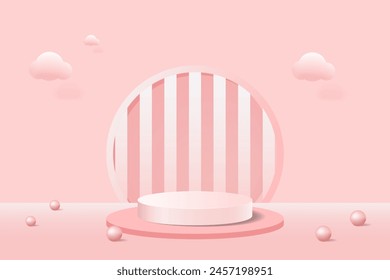 empty 3d white and pink color cylinder pedestal podium beauty skincare product mockup display vector illustration.