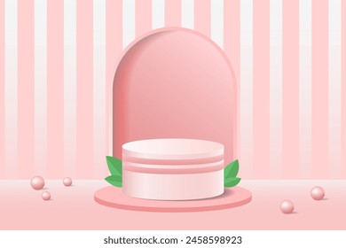 empty 3d white and pink color cylinder pedestal podium with leaf decoration for  beauty skincare product mockup display vector illustration.