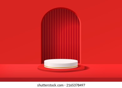 Fondo de estilo de arco de forma geométrica abstracta 3d blanco redondeado y rojo vacío para el producto de visualización, banner de Año Nuevo chino, ilustración vectorial