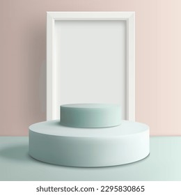 Empty 3d white round podium on the background of a white photo frame, for product display, presentation and promotion.