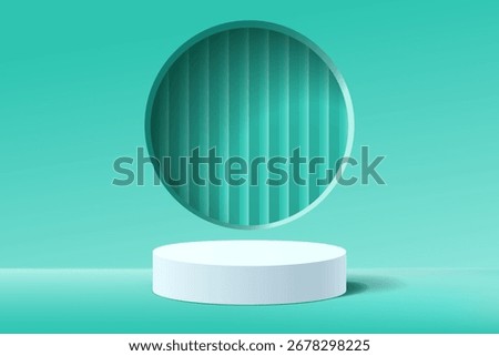 Empty 3d white round podium with blue green mint abstract geometric shape background for display product, Vector illustration