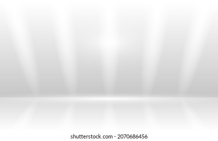 Empty 3d white studio room background to display your products. Clean white light room with empty floor and highlights. Template of room interior, floor and wall. Vector illustration