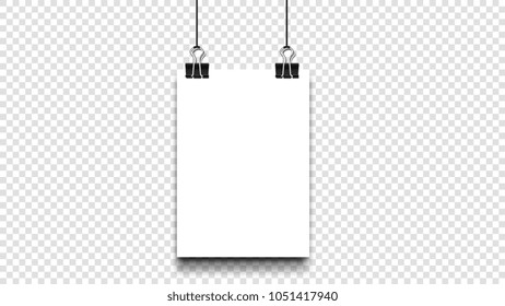 Empty A4 Paper Blank With Binder Clip Hang On Isolated Transparent Background. Vector Template.