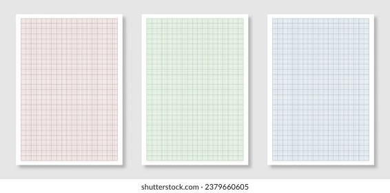 Empty A4 size sheets of graph paper with grid. Set of green, blue and red millimeter paper. Geometric checkered papers with scale for drawing, studying, technical drawing or engineering. Vector.