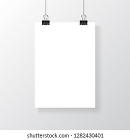 Empty A4 sized paper frame mockup hanging with paper clip. Vector poster isolated on grey background with soft shadow. Realistic empty white poster template. MockUp Realistic White Poster Hanging