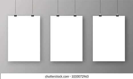 Empty A4 sized vector paper frame mockup hanging with paper clip - stock vector.
