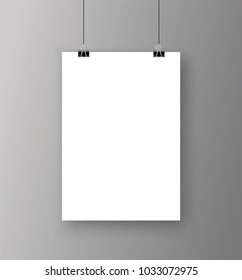 Empty A4 sized vector paper frame mockup hanging with paper clip - stock vector.