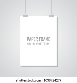 Empty A4 sized vector paper frame mockup hanging with paper clip - stock vector.