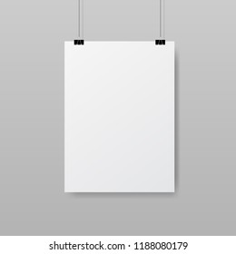 Empty A4 sized vector paper frame mockup hanging with paper clip