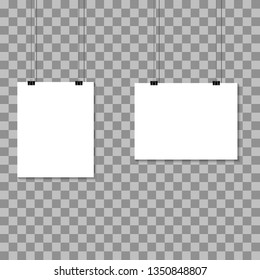 Empty A4 sized vector paper frame mockup hanging with paper clip - stock vector.