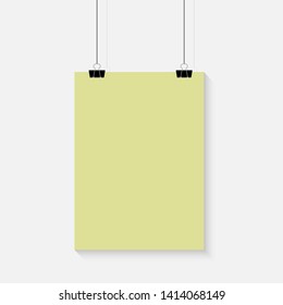 Empty A4 sized vector paper frame mockup hanging with paper clip - stock vector.