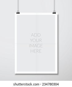 Empty A4 Sized Vector Paper Frame Mockup Hanging With Paper Clip
