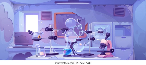 Laboratorio de investigación química o médica vacío y abandonado. Vector de dibujos animados del interior de la sala de laboratorio con tubos de ensayo de vidrio en blanco, microscopio en polvo, paredes y muebles rotos, telarañas y basura.