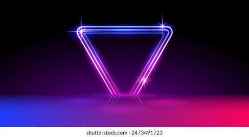 Empty Abstract Geometry Red and Blue Neon Background with Triangle Frame in Retro Wave Style. Vector clip art for your cyberpunk style project design.