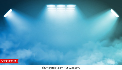 Empty abstract gradient blue studio room background with many white spotlights projectors. Smoke effect. Copy space. Layered vector.