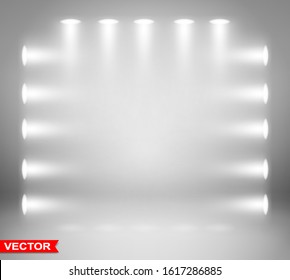 Empty abstract gradient gray studio room background with many round white spotlights projectors. Copy space. Layered vector.
