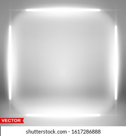 Empty abstract gradient gray studio room background with many big white spotlights projectors. Copy space. Layered vector.