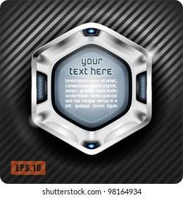 Empty abstract hexagon screen of glass and nickel-plated metal. With grid inserts and LEDs.Eps10.3d.