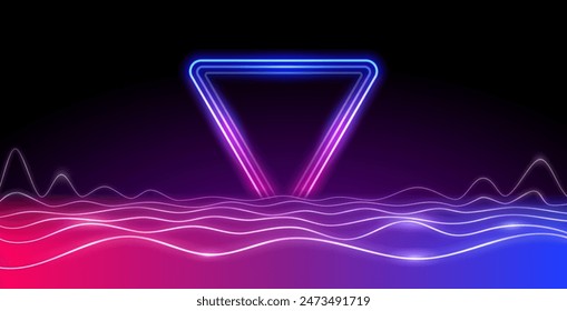 Empty Abstract Wavy Red and Blue Neon Background with Triangle Frame in Retro Wave Style. Vector clip art for your music project design.