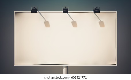 Empty advertising horizontal billboard on column with spotlights and metallic frame isolated vector illustration