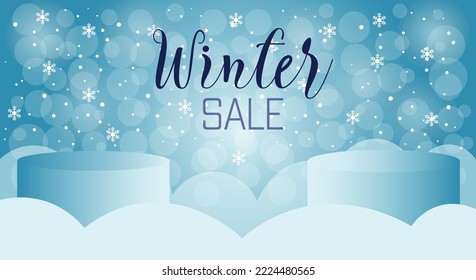 Empty advertising podium for winter sale on blue background with