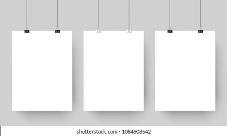 Empty affiche mockup hanging on paper clips. White blank advertising poster template casts shadow on gray background. three canvas photo sheets vector illustration