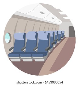 Empty airplane aisle flat vector illustration. Plane board with no passengers. Cartoon aircraft seats. Airlines company, air traveling and tourism drawing. People transportation public service