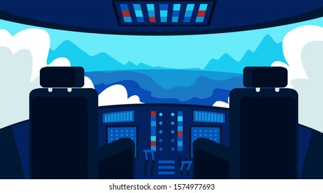 Empty airplane cockpit interior with window sky view - flat cartoon banner. Aircraft front dashboard with captain seat and control panel - vector illustration.