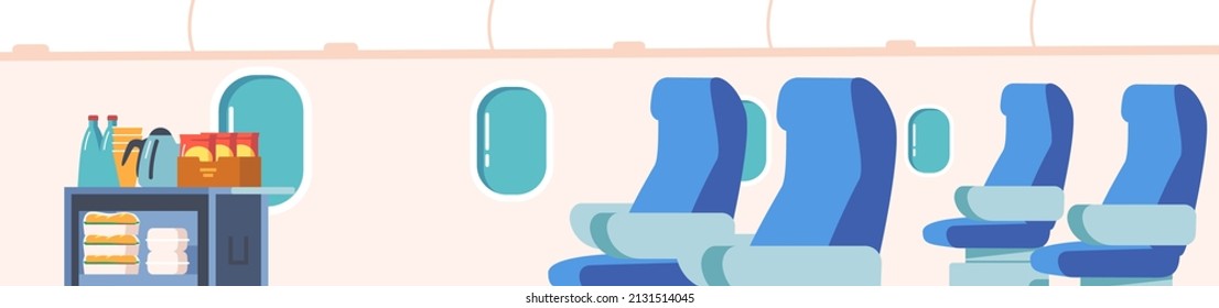 Empty Airplane Interior With Chairs near Windows and Trolley with Meals and Drinks. Cabin of Passenger Aircraft, Business Class or Economy Salon in Jet. Cartoon Vector Illustration