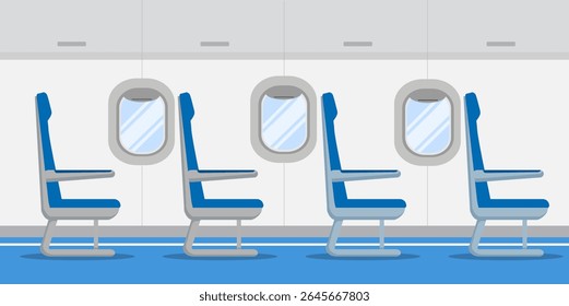 Empty airplane interior horizontal background. Airplane seat in the cabin. Travel by plane concept. Vector stock