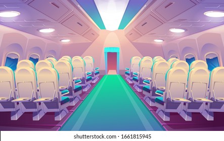 Empty Airplane Interior, Plane Salon With Chairs And Folding Back Seat Tables. Vector Cartoon Cabin Of Passenger Carriage Transport With Comfortable Seats And Foldable Tray Desk