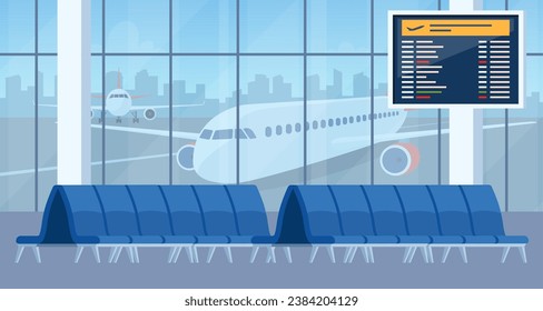 Empty airport arrival waiting room or departure lounge with chairs and information panels. Terminal hall with big airport window. Vector illustration