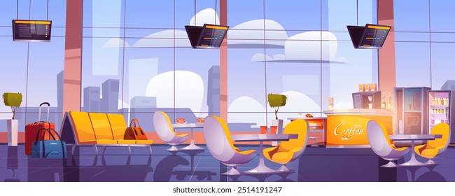 Empty airport cafe interior. Vector cartoon illustration of large hall with glass wall and modern city view, cafeteria tables and chair, coffee machine, beverage bottles on shelf, luggage on floor