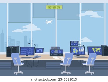 Empty airport control room interior with computer and airplane traffic surveillance technology for international aviation safety management and transportation navigation vector illustration