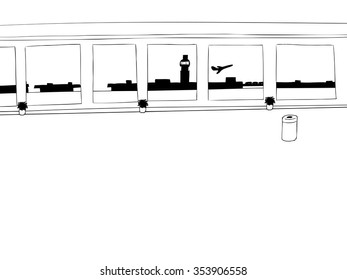 Empty airport corridor background outline with airplane taking off